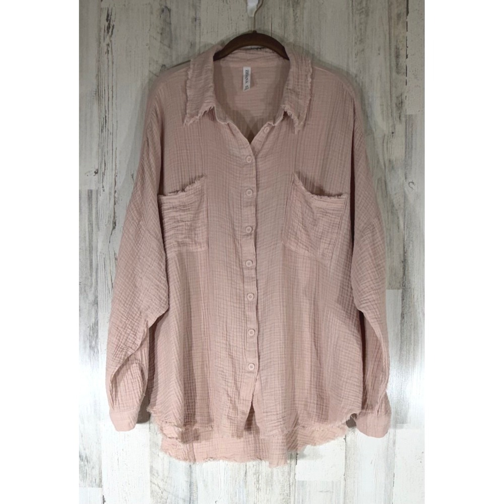 Zenana Button Down Shirt 1X Blush Pink Gauze Cotton Raw Hem Oversized Layering